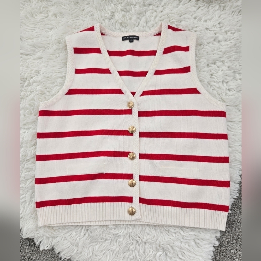 ADRIANNA PAPELL Americana Red White Striped Cardigan Vest with Gold Buttons Larg